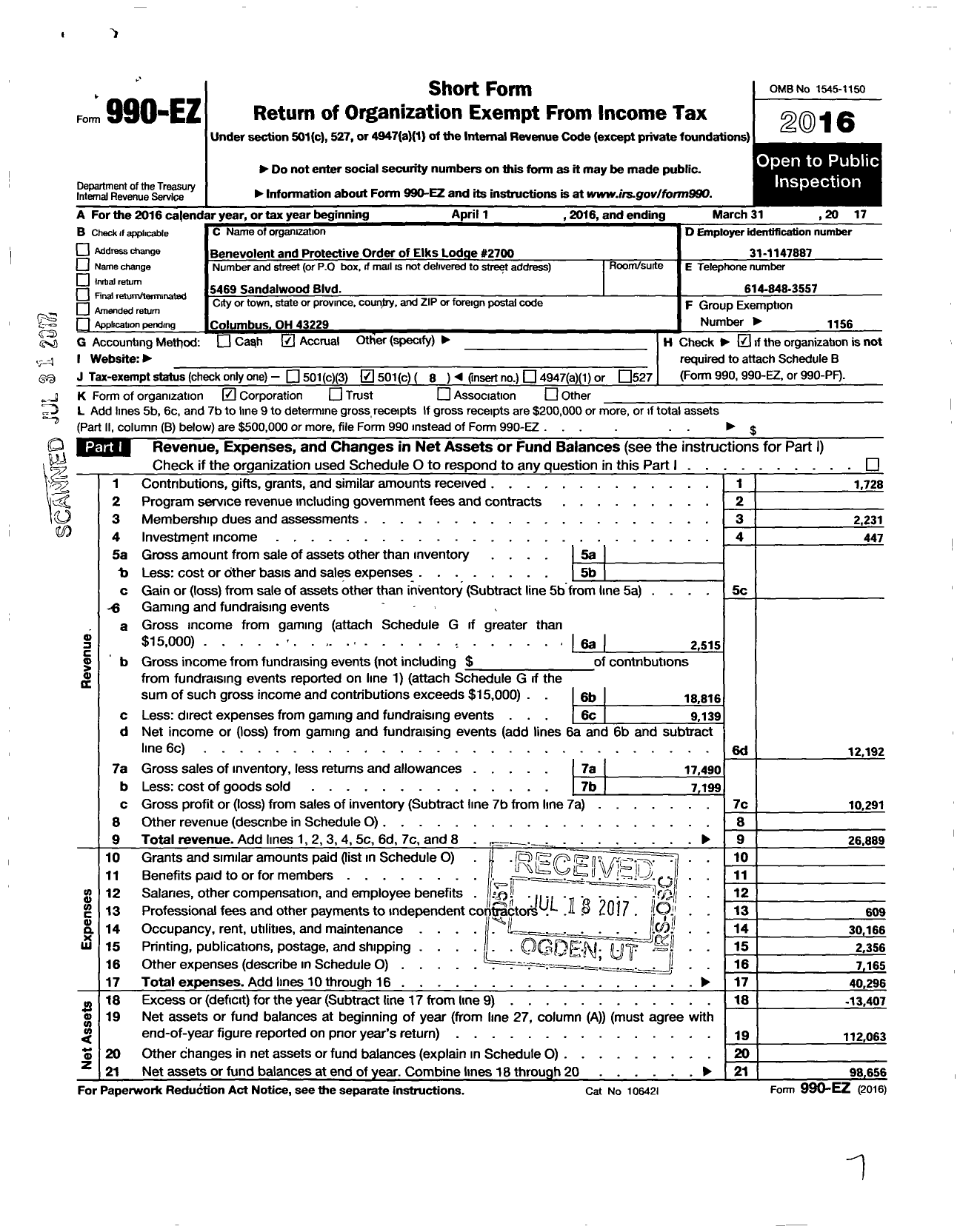 Image of first page of 2016 Form 990EO for Benevolent and Protective Order of Elks - 2700 Columbus North