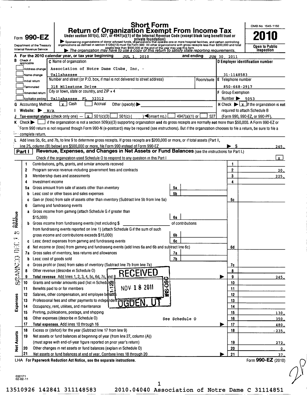 Image of first page of 2010 Form 990EZ for Association of Notre Dame Clubs Inc - Tallahassee