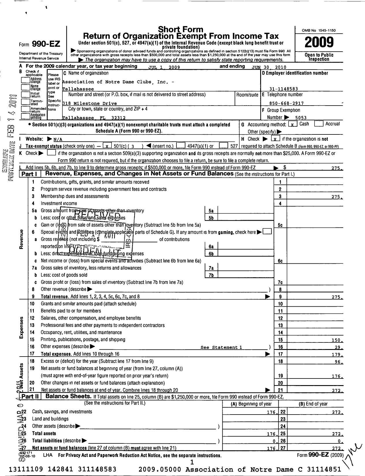 Image of first page of 2009 Form 990EZ for Association of Notre Dame Clubs Inc - Tallahassee