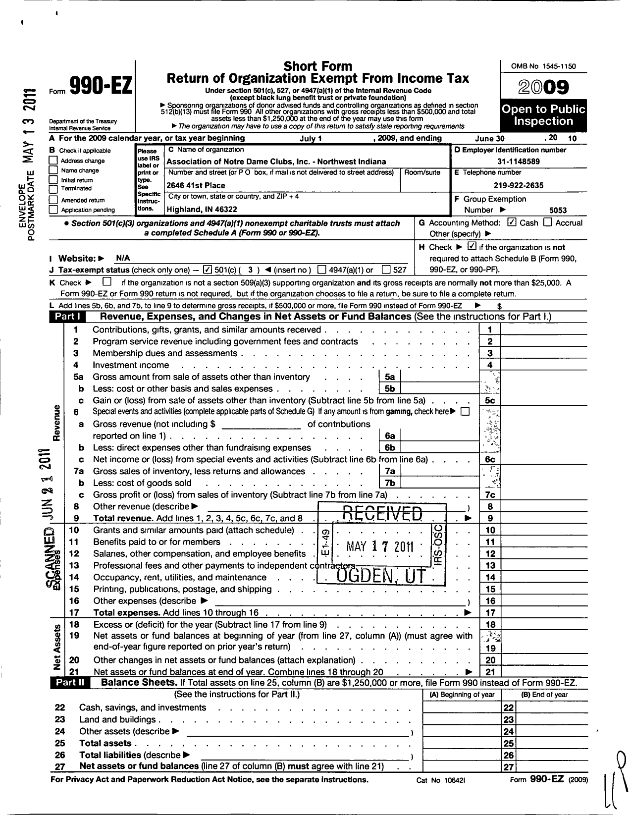 Image of first page of 2009 Form 990EZ for Association of Notre Dame Clubs Inc - Northwest Indiana