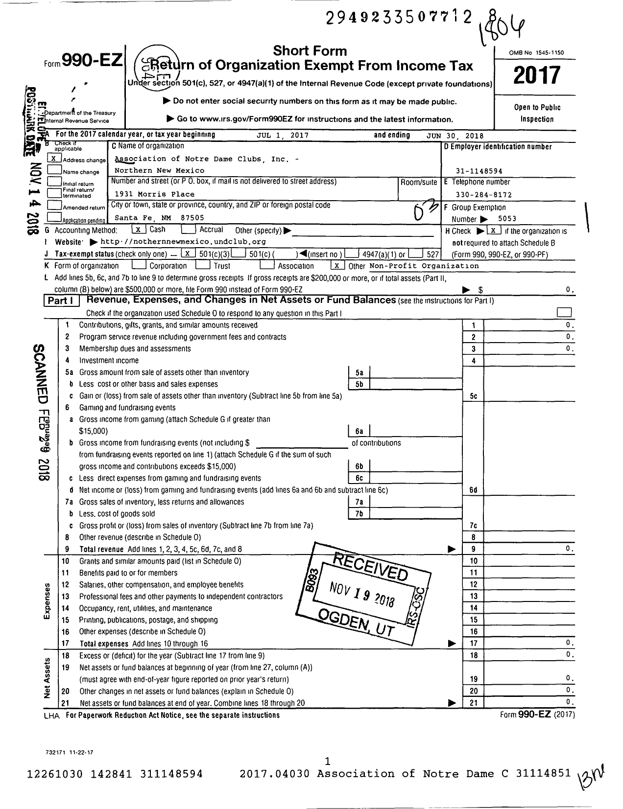 Image of first page of 2017 Form 990EZ for Association of Notre Dame Clubs - Northern New Mexico