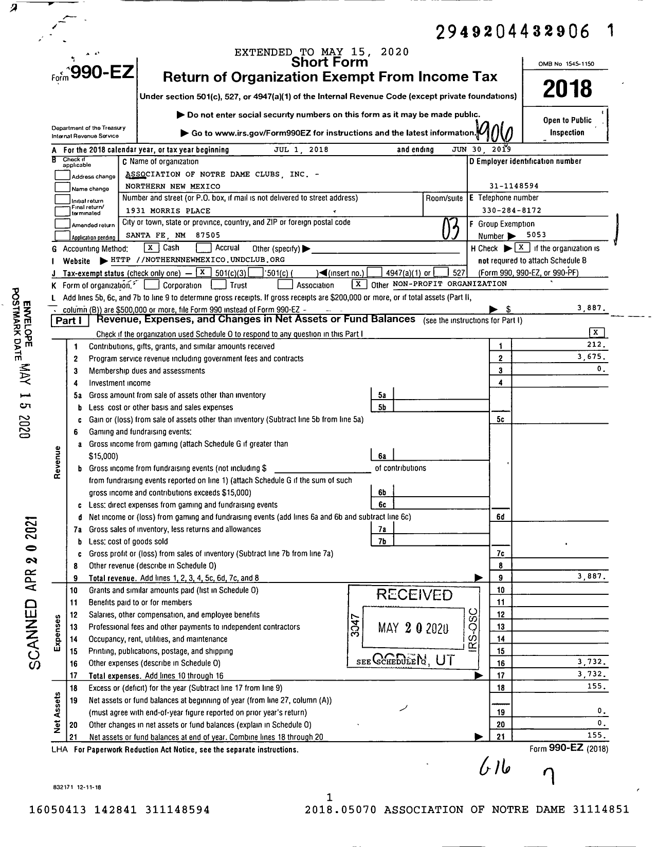 Image of first page of 2018 Form 990EZ for Association of Notre Dame Clubs - Northern New Mexico