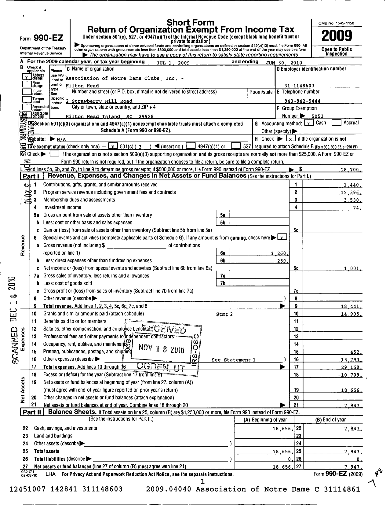 Image of first page of 2009 Form 990EZ for Association of Notre Dame Clubs Inc - Hilton Head