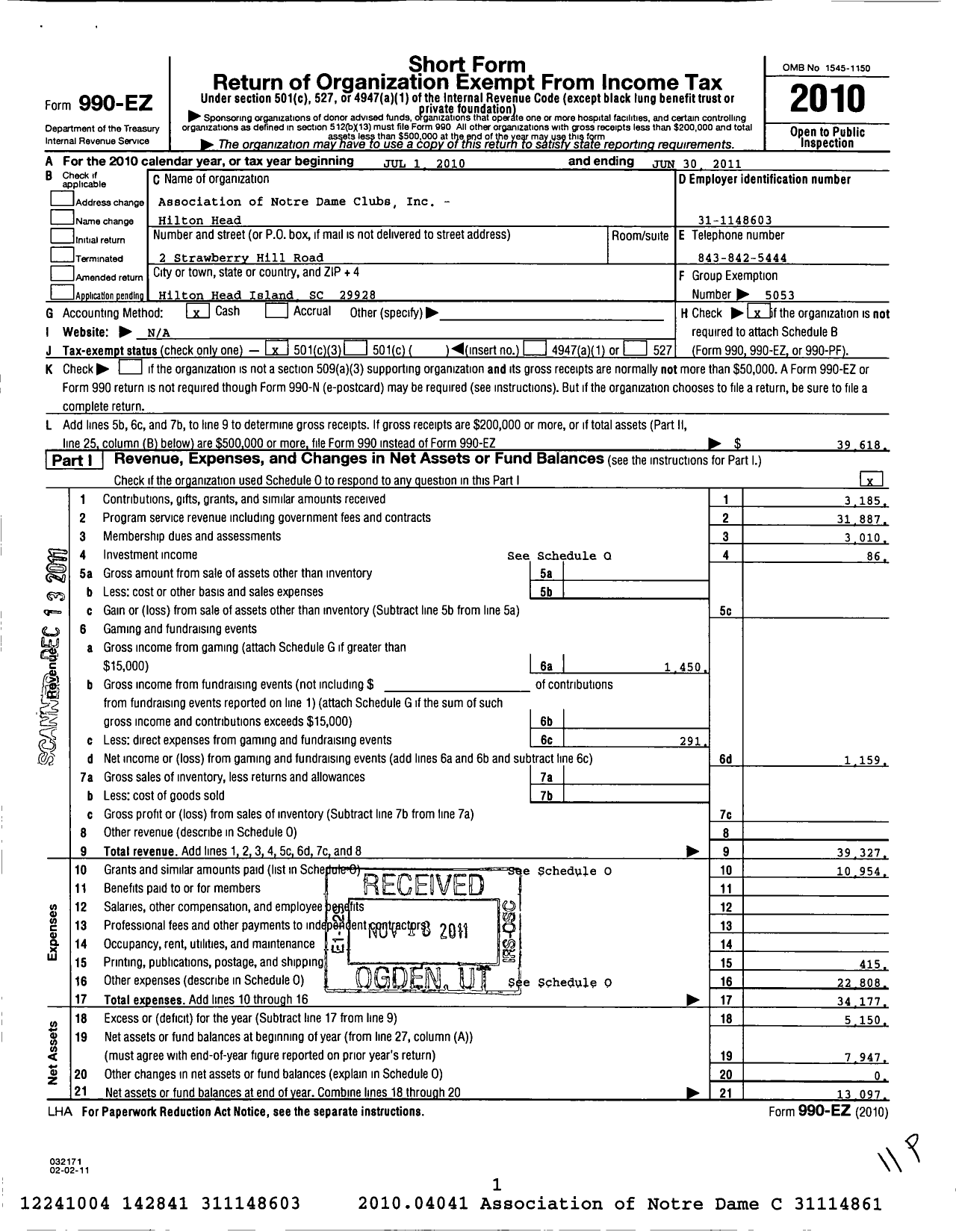 Image of first page of 2010 Form 990EZ for Association of Notre Dame Clubs Inc - Hilton Head