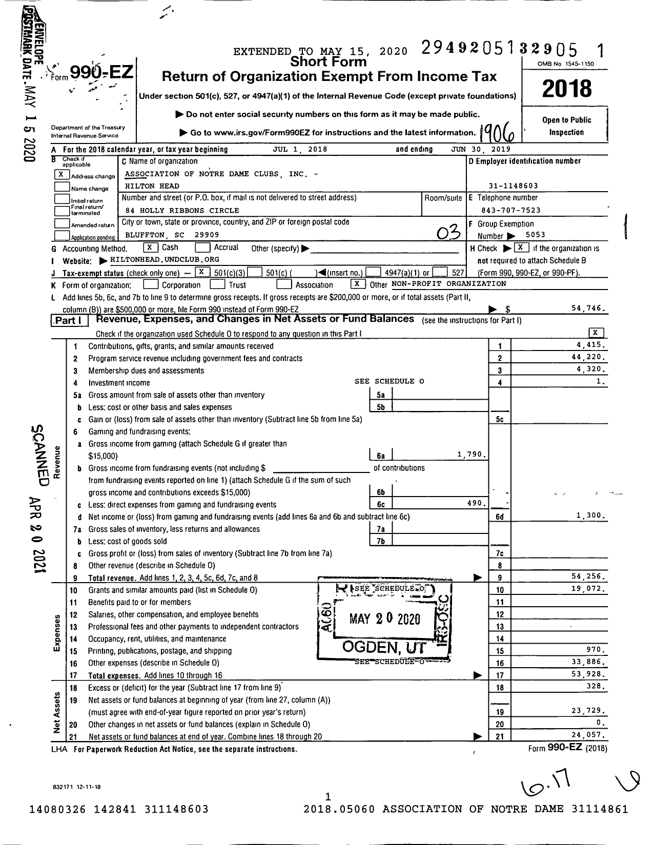 Image of first page of 2018 Form 990EZ for Association of Notre Dame Clubs Inc - Hilton Head