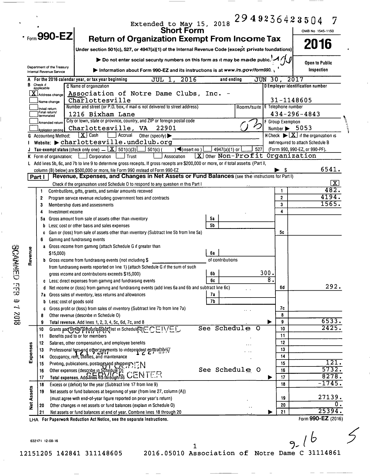 Image of first page of 2016 Form 990EZ for Association of Notre Dame Clubs Inc - Charlottesville