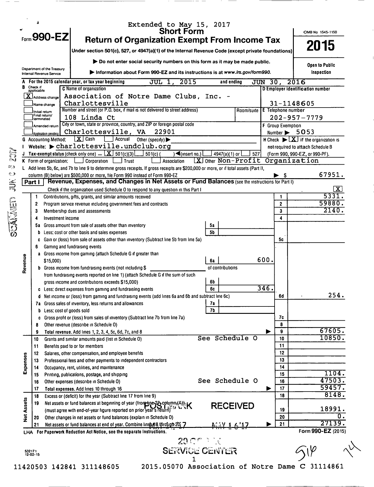 Image of first page of 2015 Form 990EZ for Association of Notre Dame Clubs Inc - Charlottesville