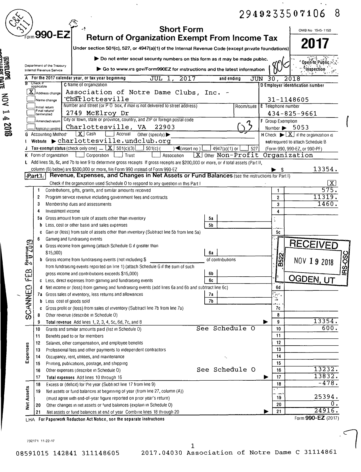 Image of first page of 2017 Form 990EZ for Association of Notre Dame Clubs Inc - Charlottesville