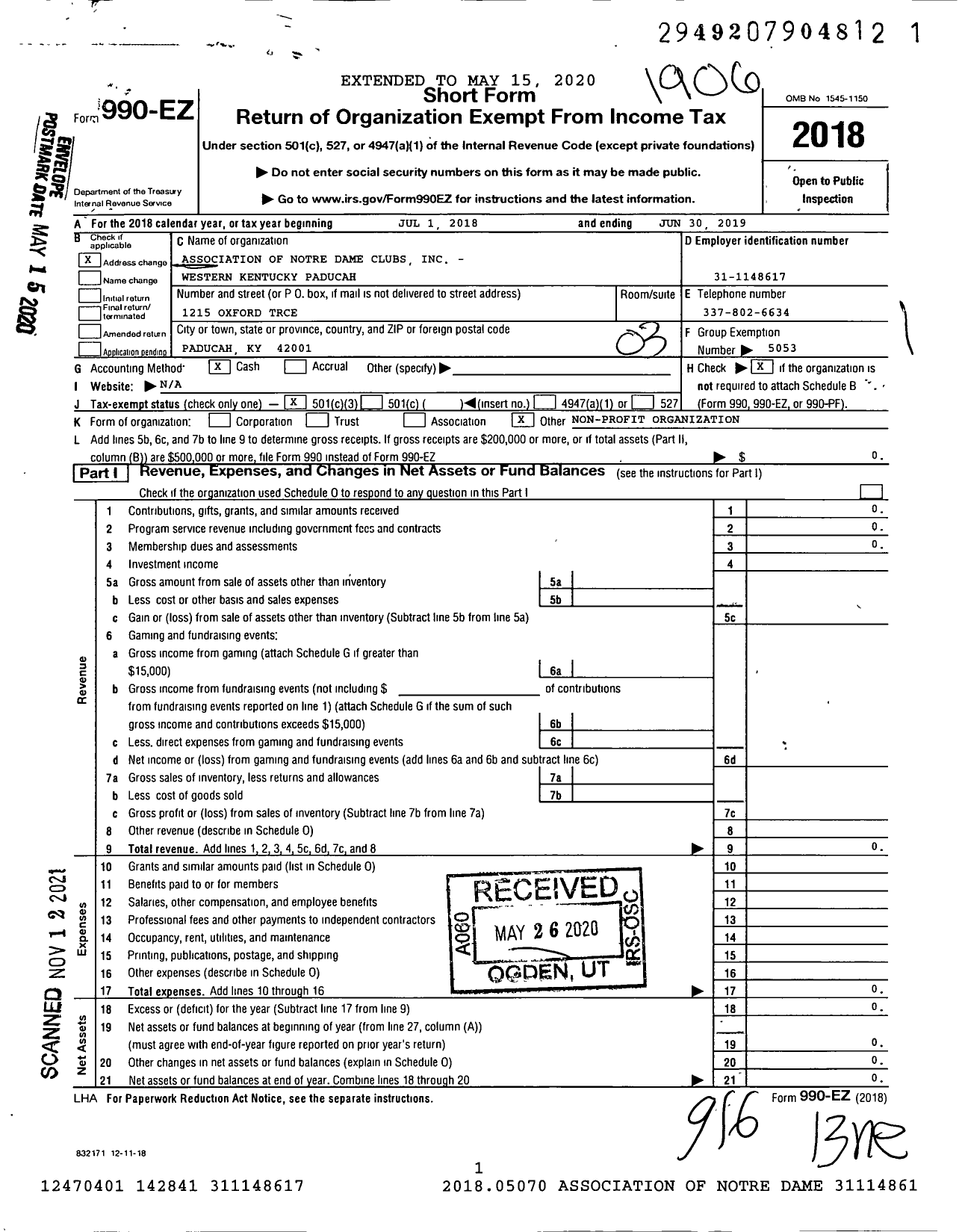 Image of first page of 2018 Form 990EZ for Association of Notre Dame Clubs - Western Kentucky / Paducah