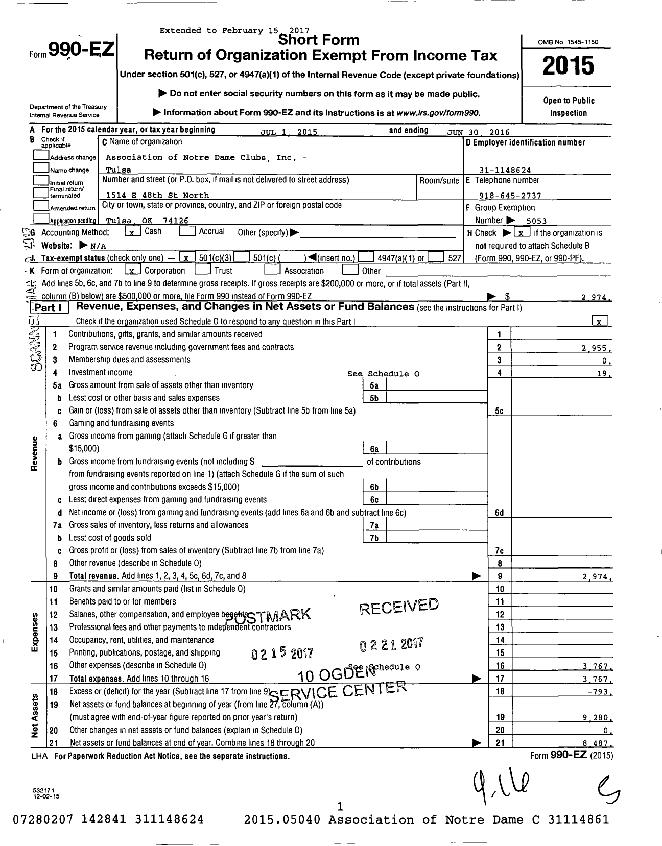 Image of first page of 2015 Form 990EZ for Association of Notre Dame Clubs Inc - Tulsa