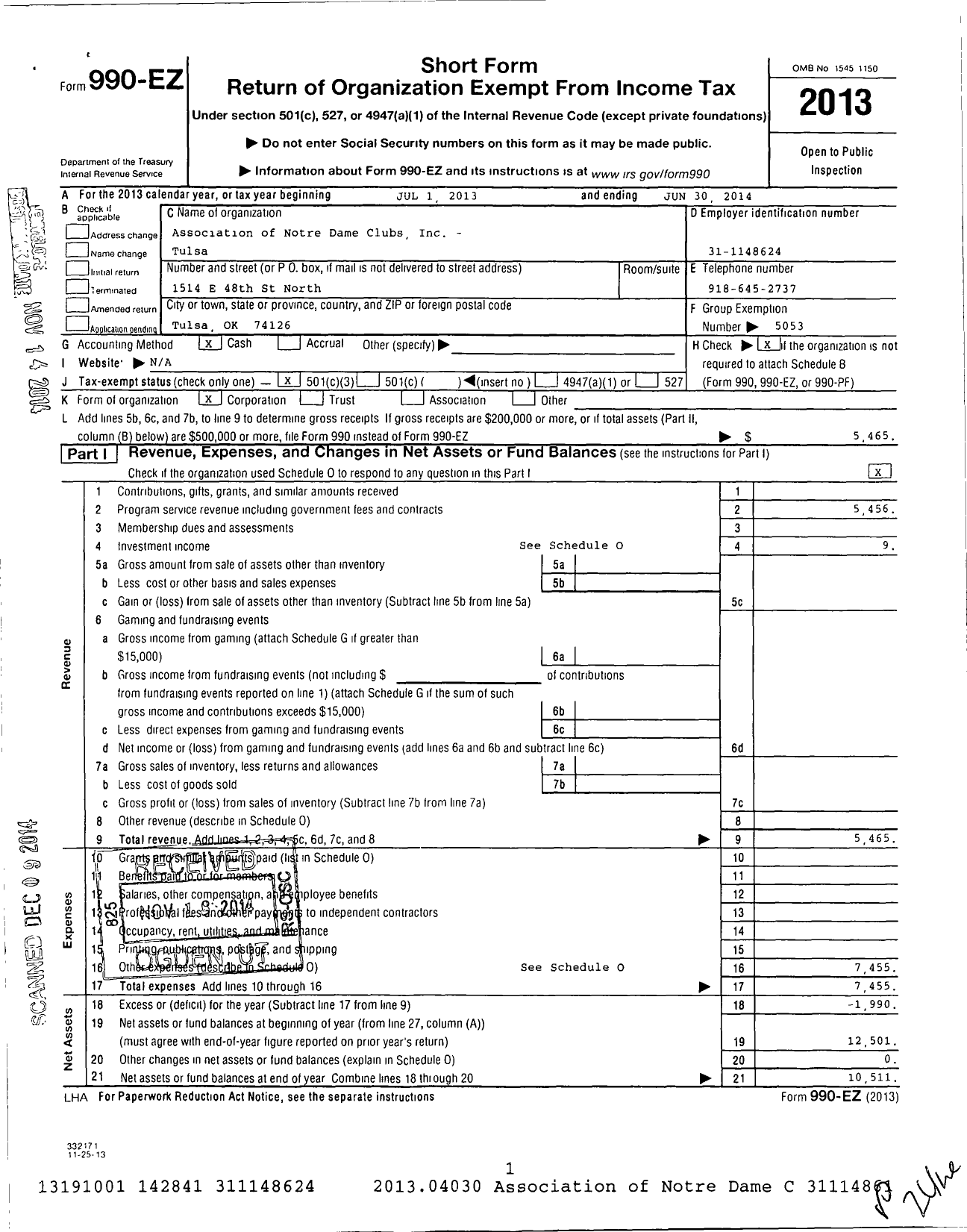 Image of first page of 2013 Form 990EZ for Association of Notre Dame Clubs Inc - Tulsa