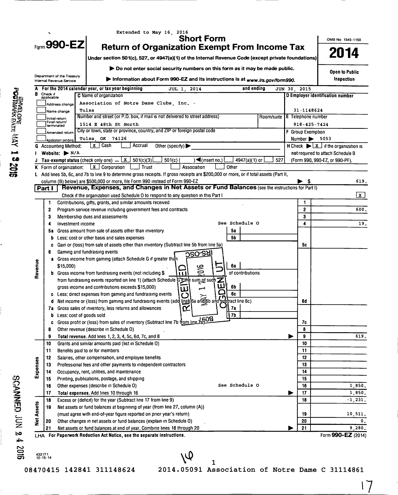 Image of first page of 2014 Form 990EZ for Association of Notre Dame Clubs Inc - Tulsa