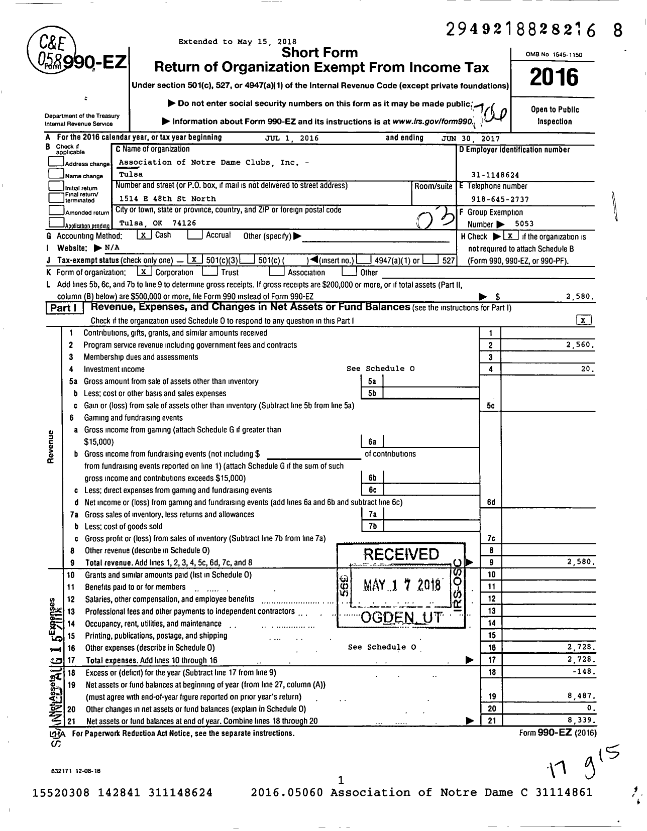 Image of first page of 2016 Form 990EZ for Association of Notre Dame Clubs Inc - Tulsa