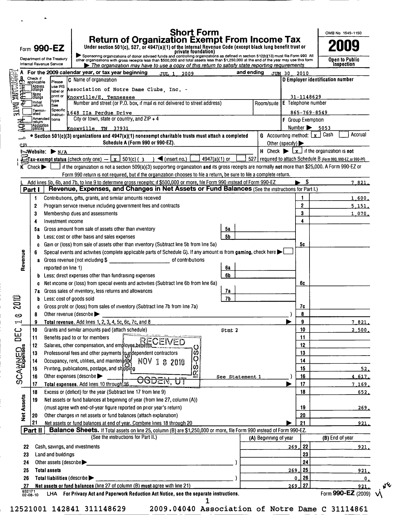 Image of first page of 2009 Form 990EZ for Association of Notre Dame Clubs Inc - Knoxville- East Tennessee