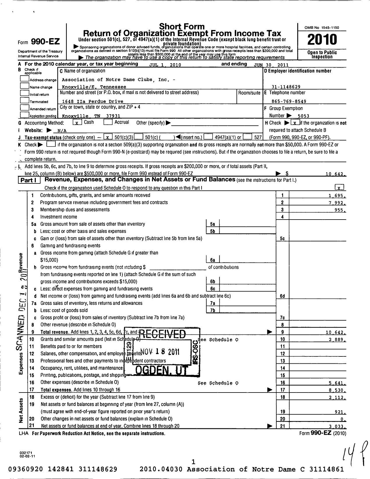 Image of first page of 2010 Form 990EZ for Association of Notre Dame Clubs Inc - Knoxville- East Tennessee