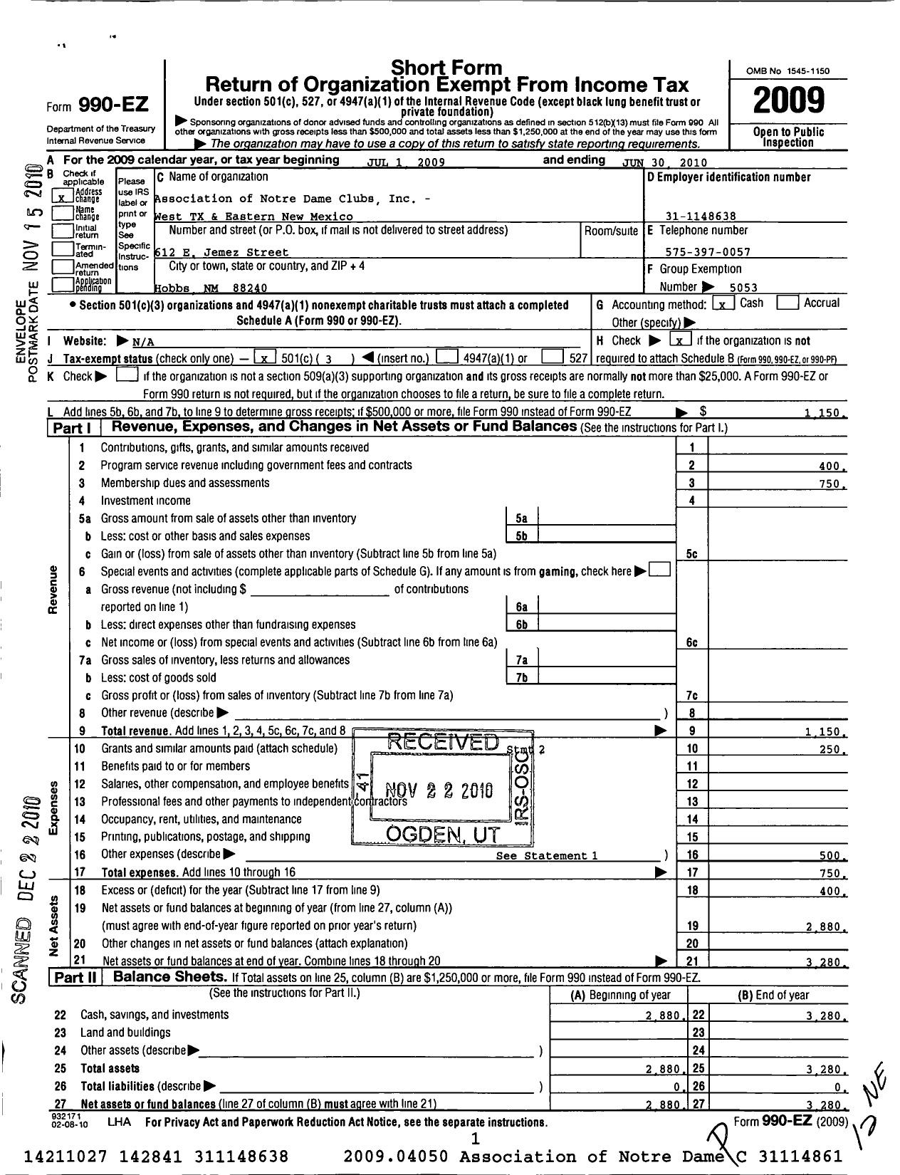 Image of first page of 2009 Form 990EZ for Association of Notre Dame Clubs Inc - West Texas and Eastern New Mexico