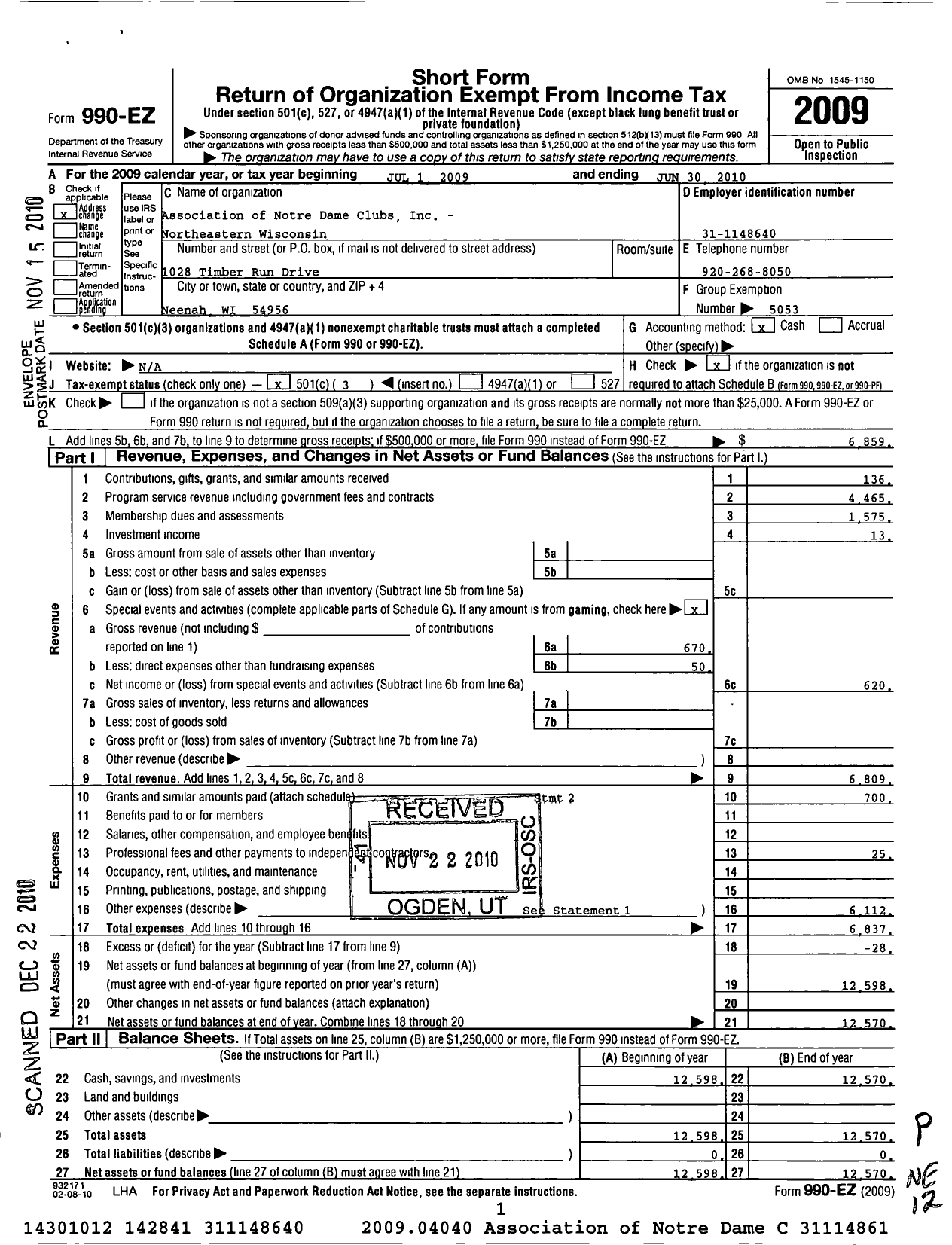 Image of first page of 2009 Form 990EZ for Association of Notre Dame Clubs Inc - Northeastern Wisconsin