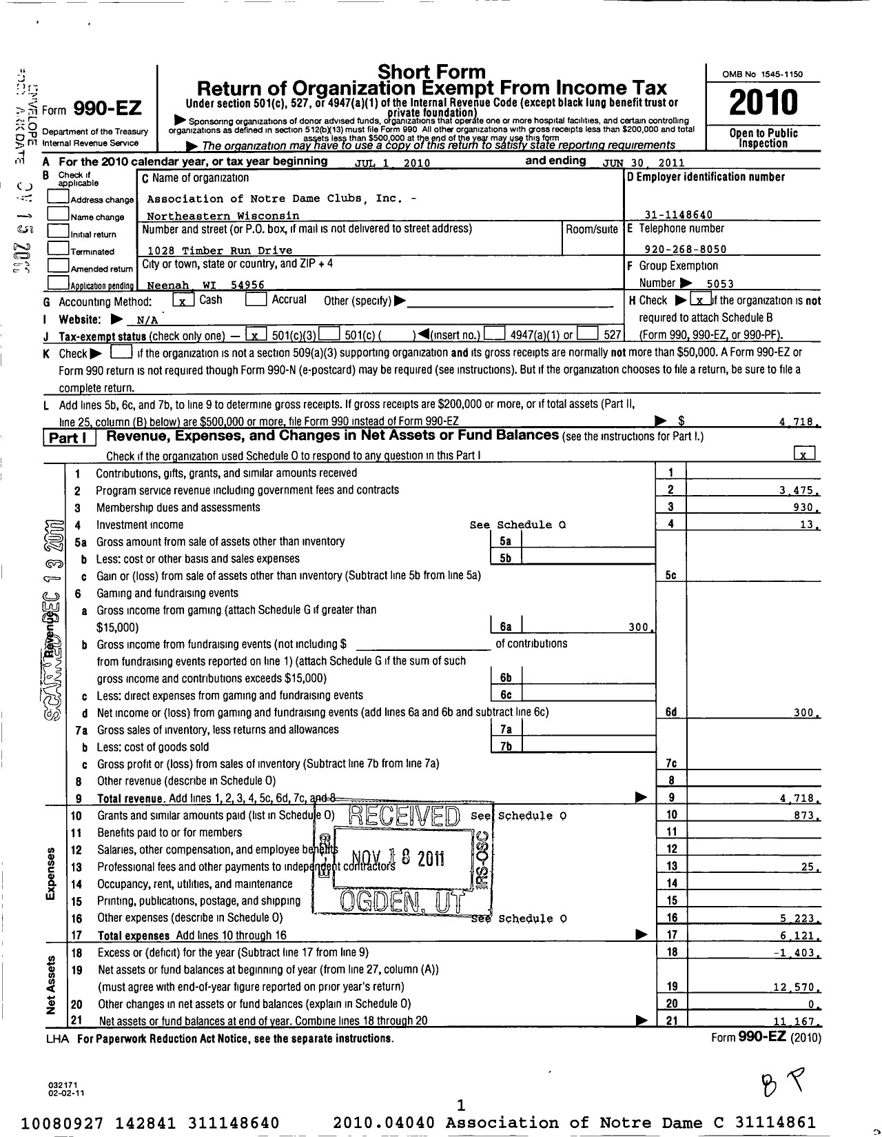 Image of first page of 2010 Form 990EZ for Association of Notre Dame Clubs Inc - Northeastern Wisconsin