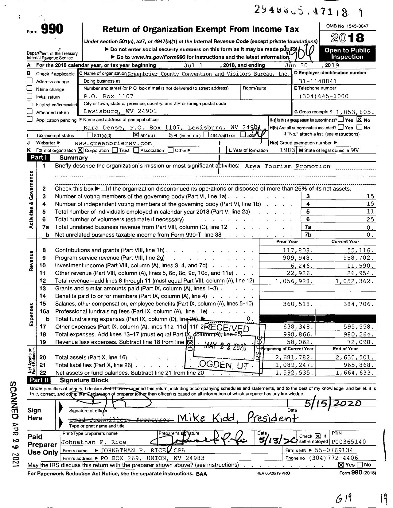 Image of first page of 2018 Form 990O for Greenbrier County Convention and Visitors Bureau