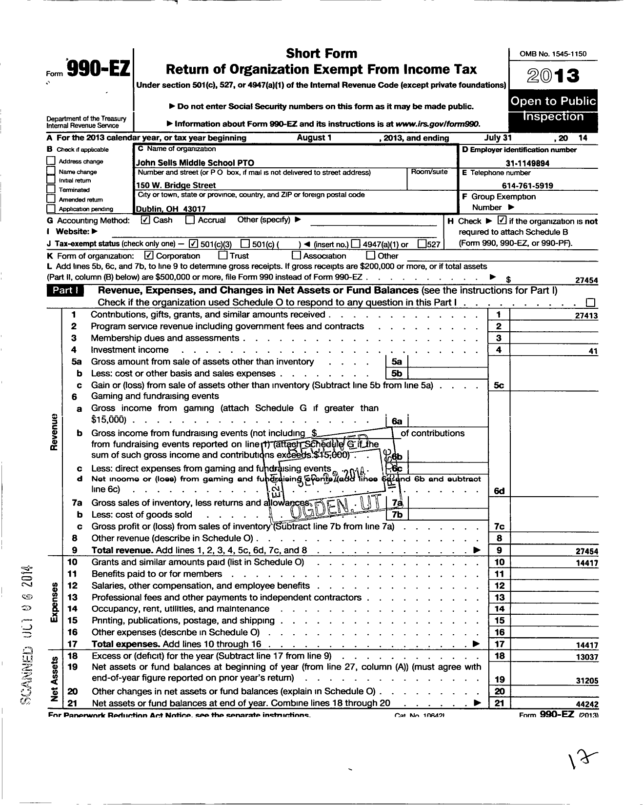 Image of first page of 2013 Form 990EZ for J Sells Middle School Pto