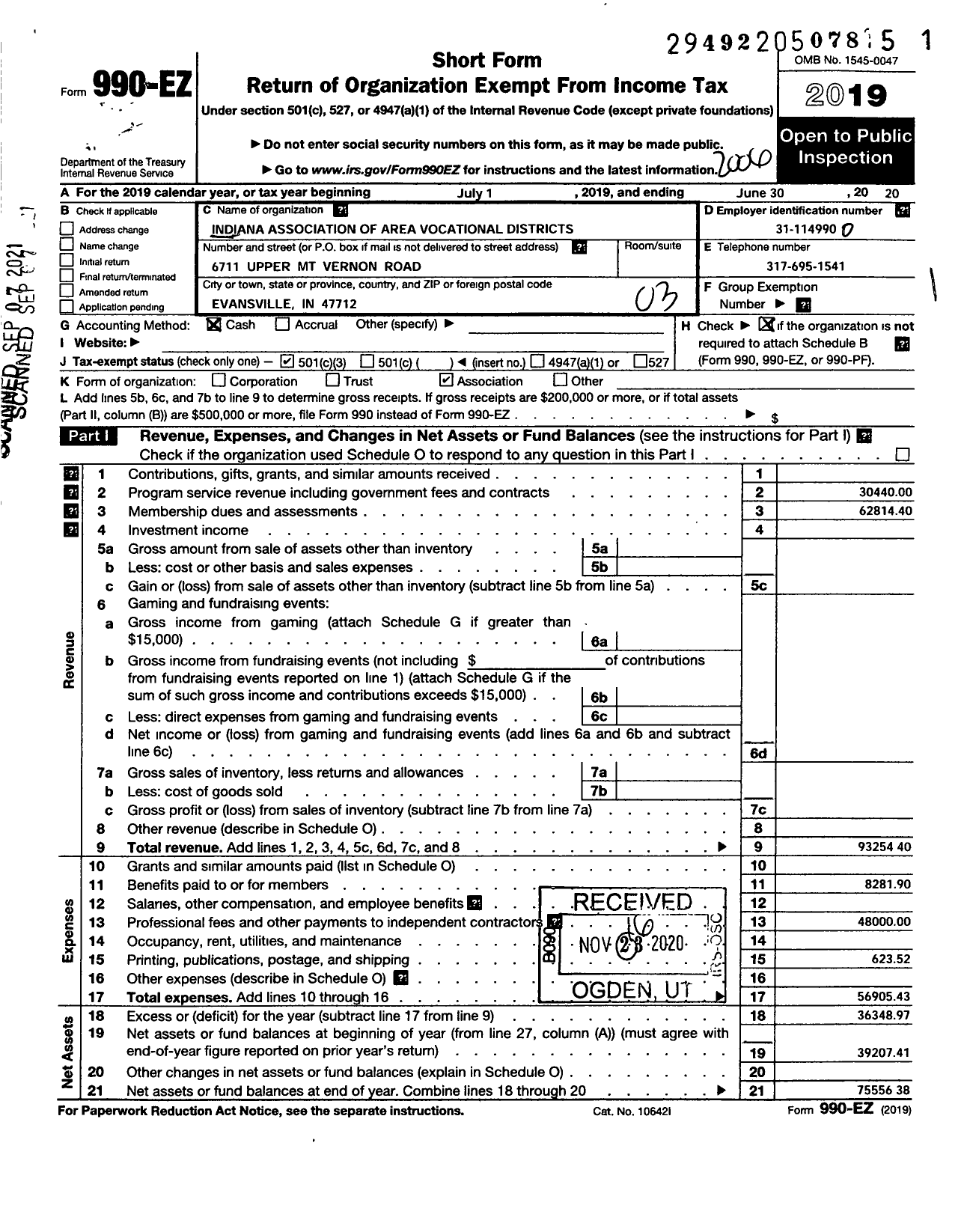 Image of first page of 2019 Form 990EZ for Indiana Association of Area Vocational Districts