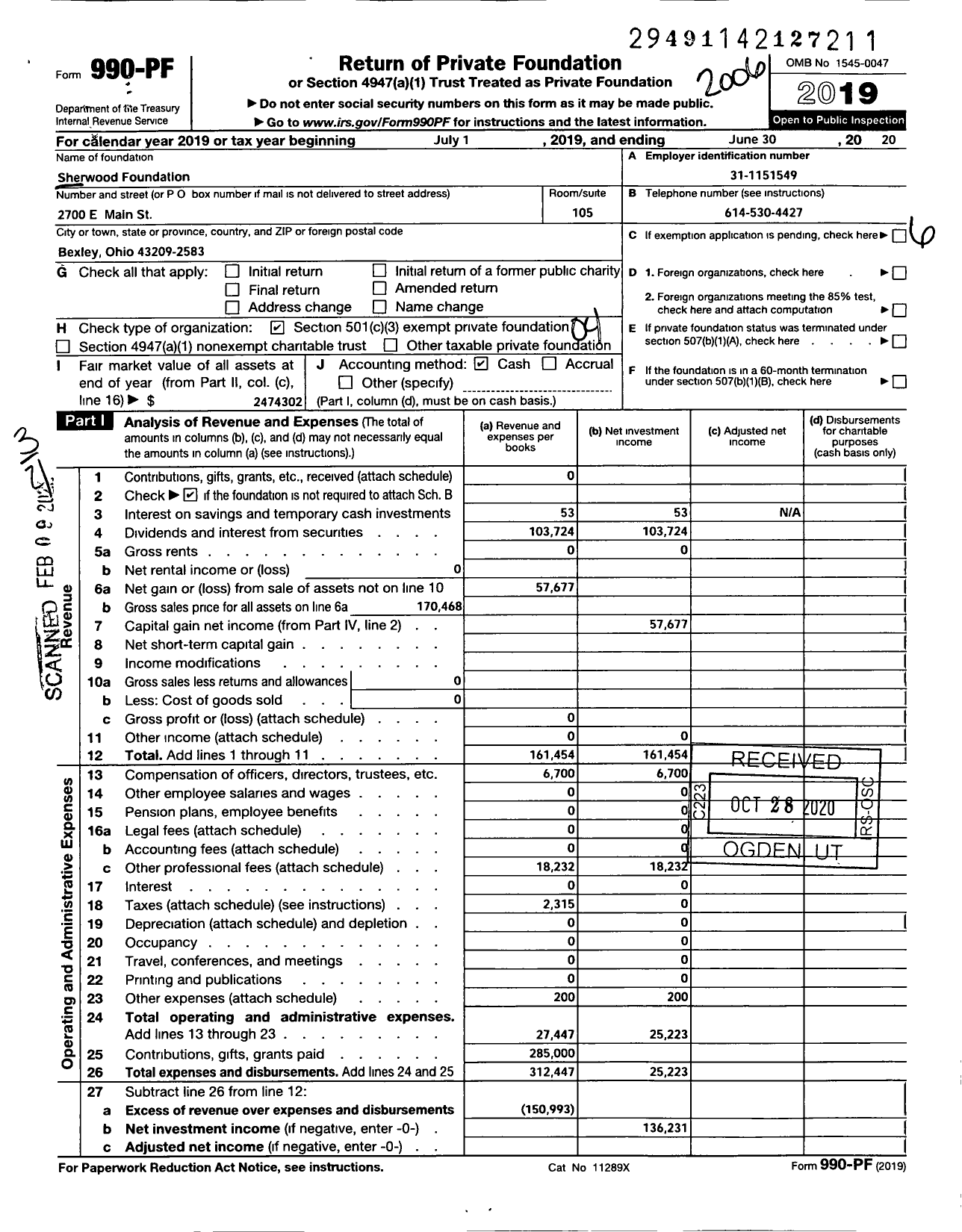 Image of first page of 2019 Form 990PF for Sherwood Foundation