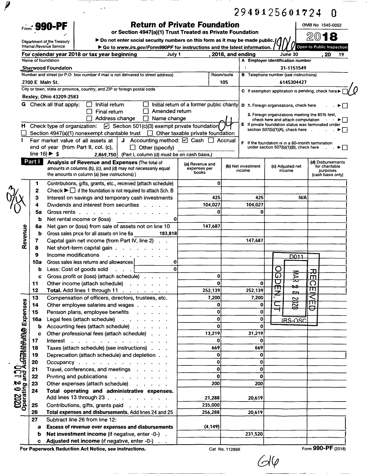 Image of first page of 2018 Form 990PR for Sherwood Foundation