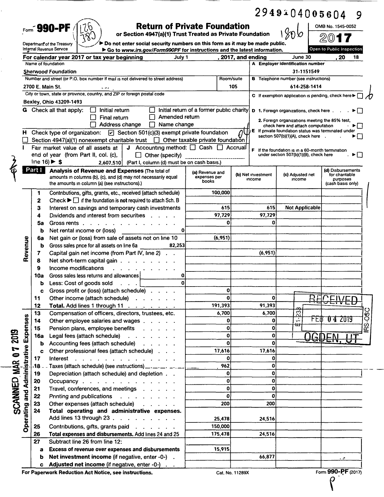 Image of first page of 2017 Form 990PF for Sherwood Foundation