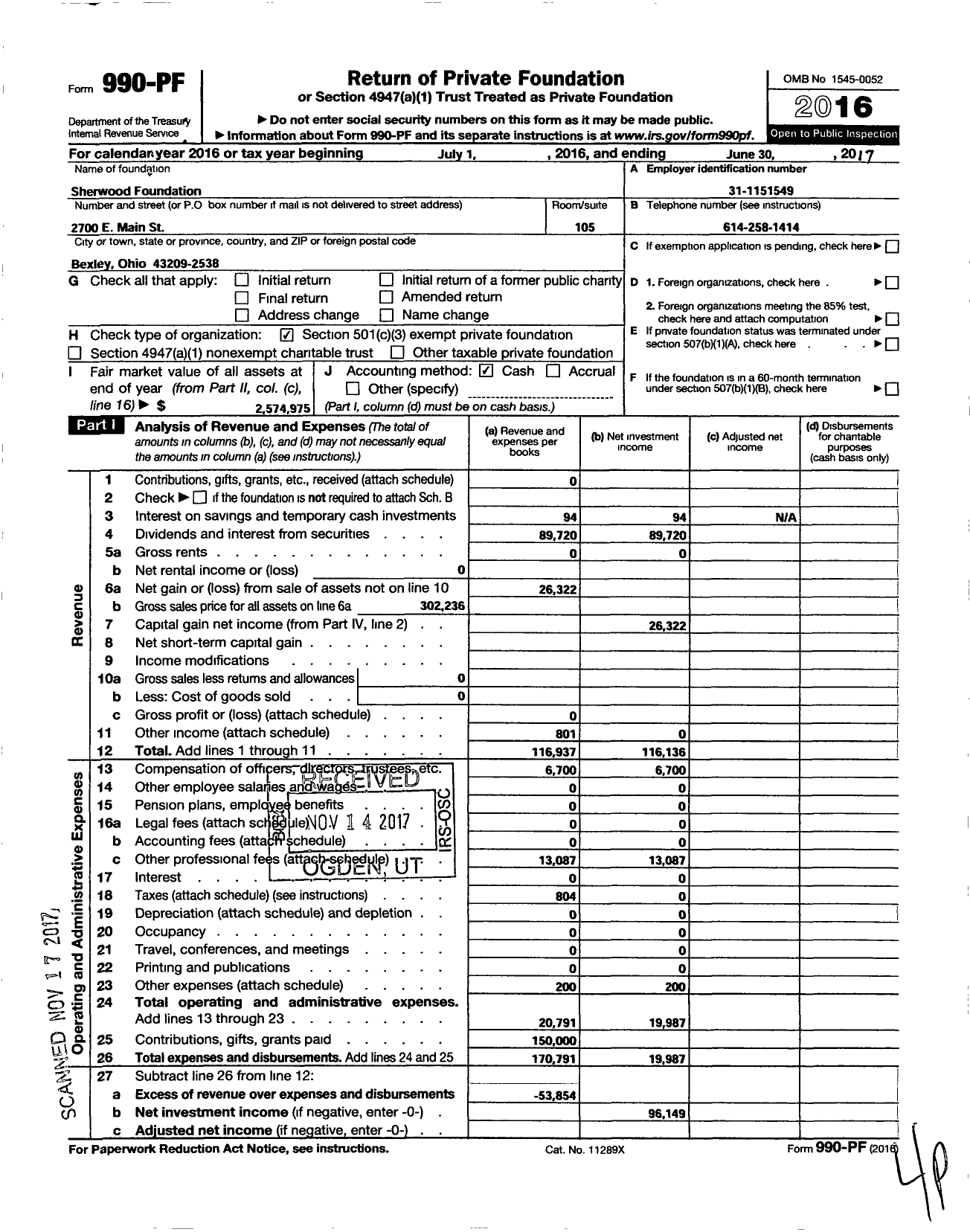 Image of first page of 2016 Form 990PF for Sherwood Foundation