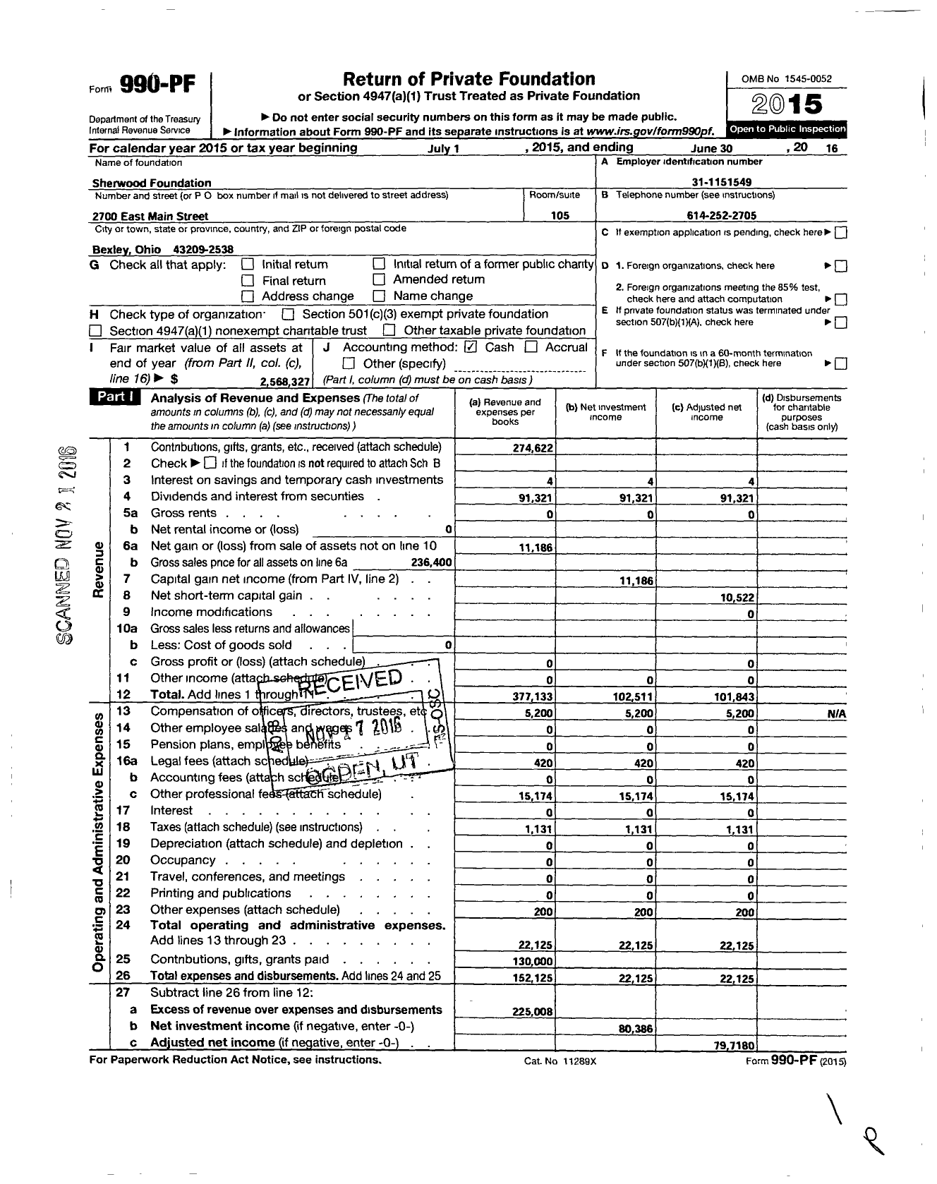 Image of first page of 2015 Form 990PF for Sherwood Foundation