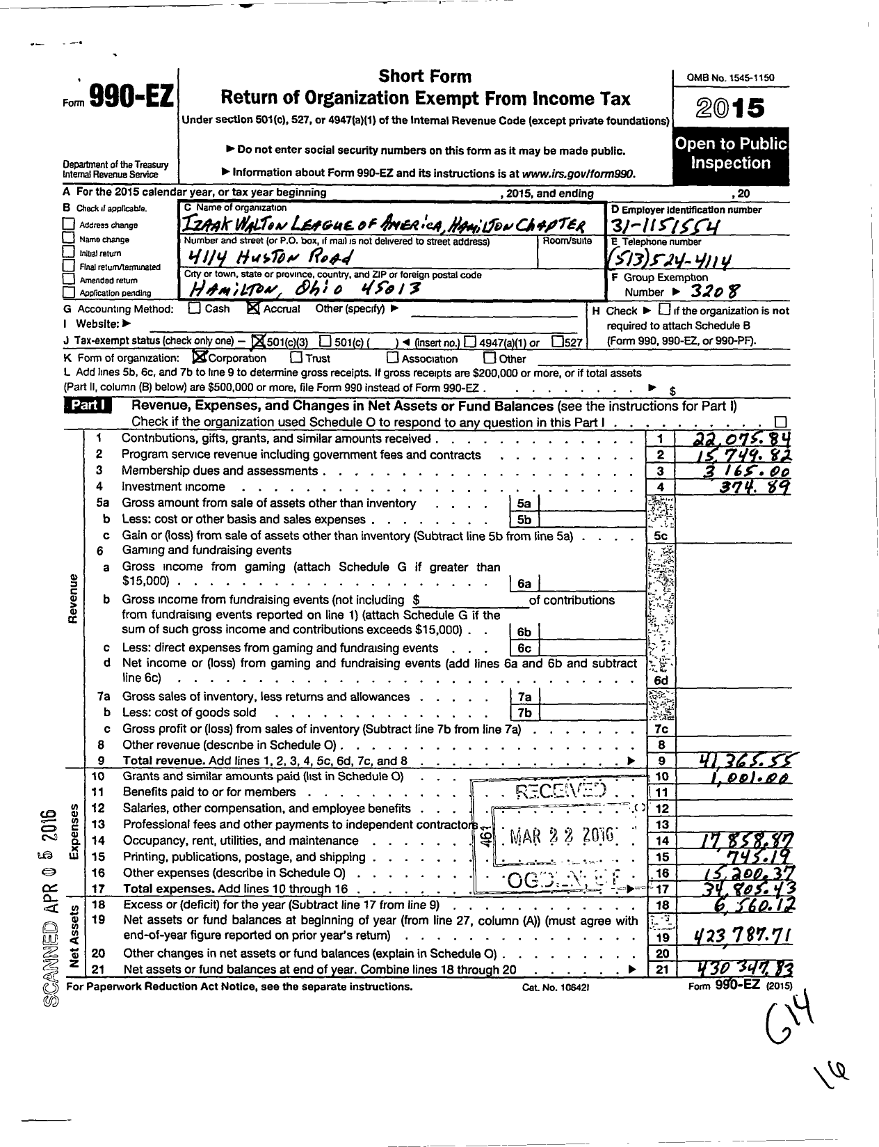 Image of first page of 2015 Form 990EZ for Izaak Walton League of America - Hamilton Chapter