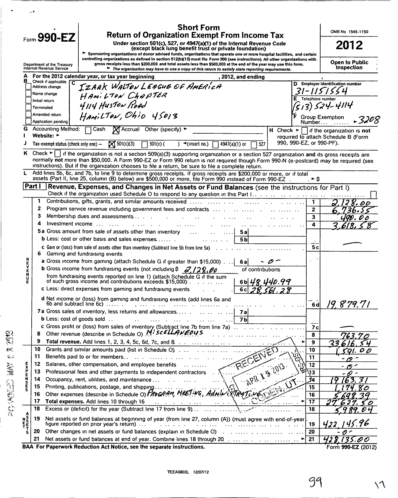 Image of first page of 2012 Form 990EZ for Izaak Walton League of America - Hamilton Chapter