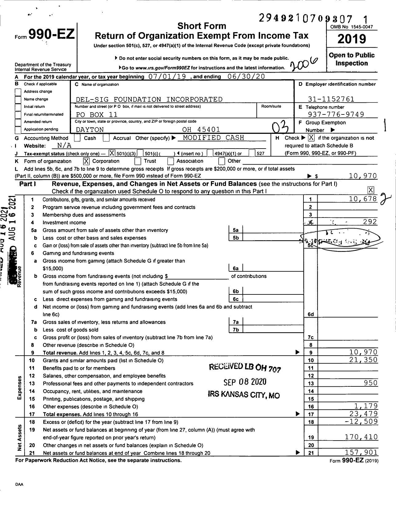 Image of first page of 2019 Form 990EZ for Del-Sig Foundation Incorporated