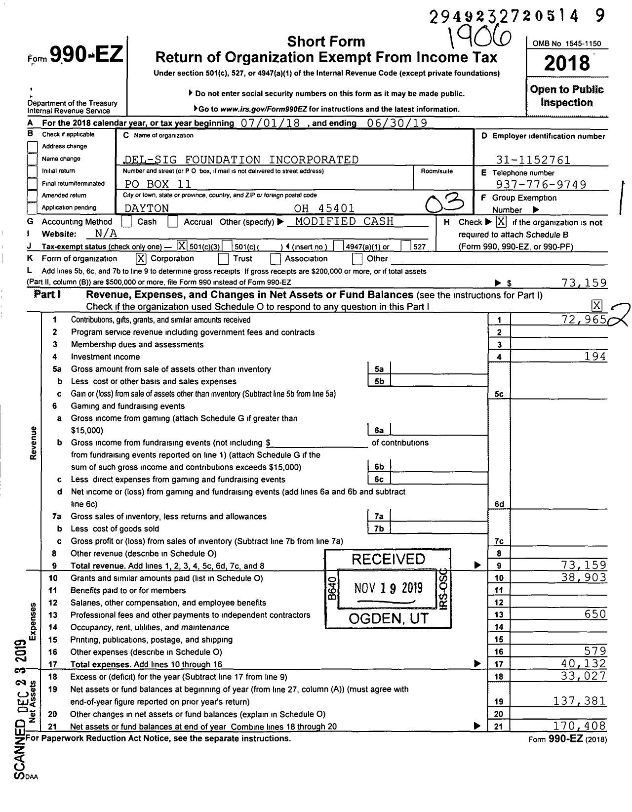 Image of first page of 2018 Form 990EZ for Del-Sig Foundation Incorporated