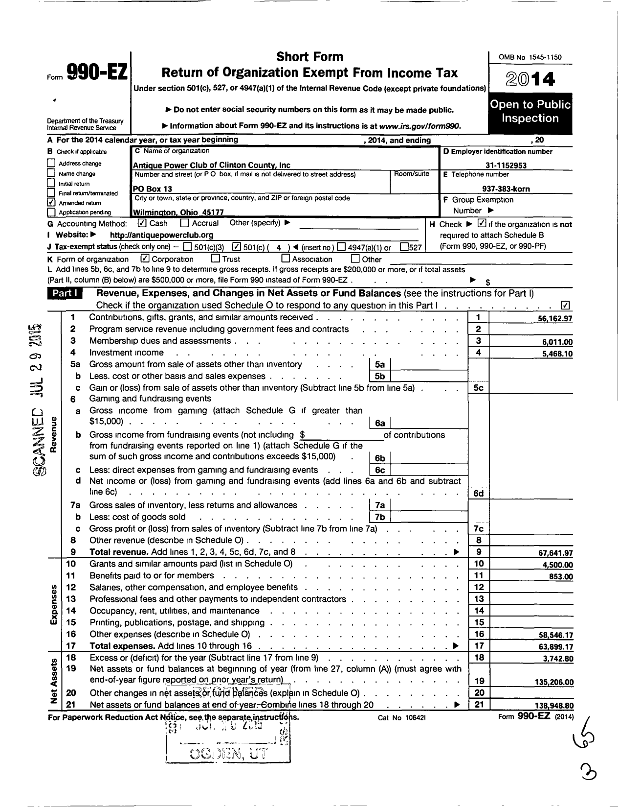 Image of first page of 2014 Form 990EO for Antique Power Club of Clinton County