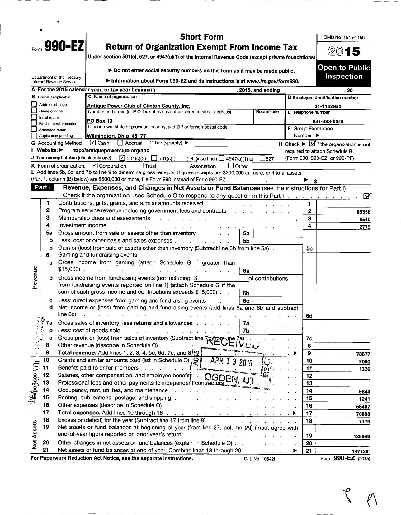 Image of first page of 2015 Form 990EZ for Antique Power Club of Clinton County