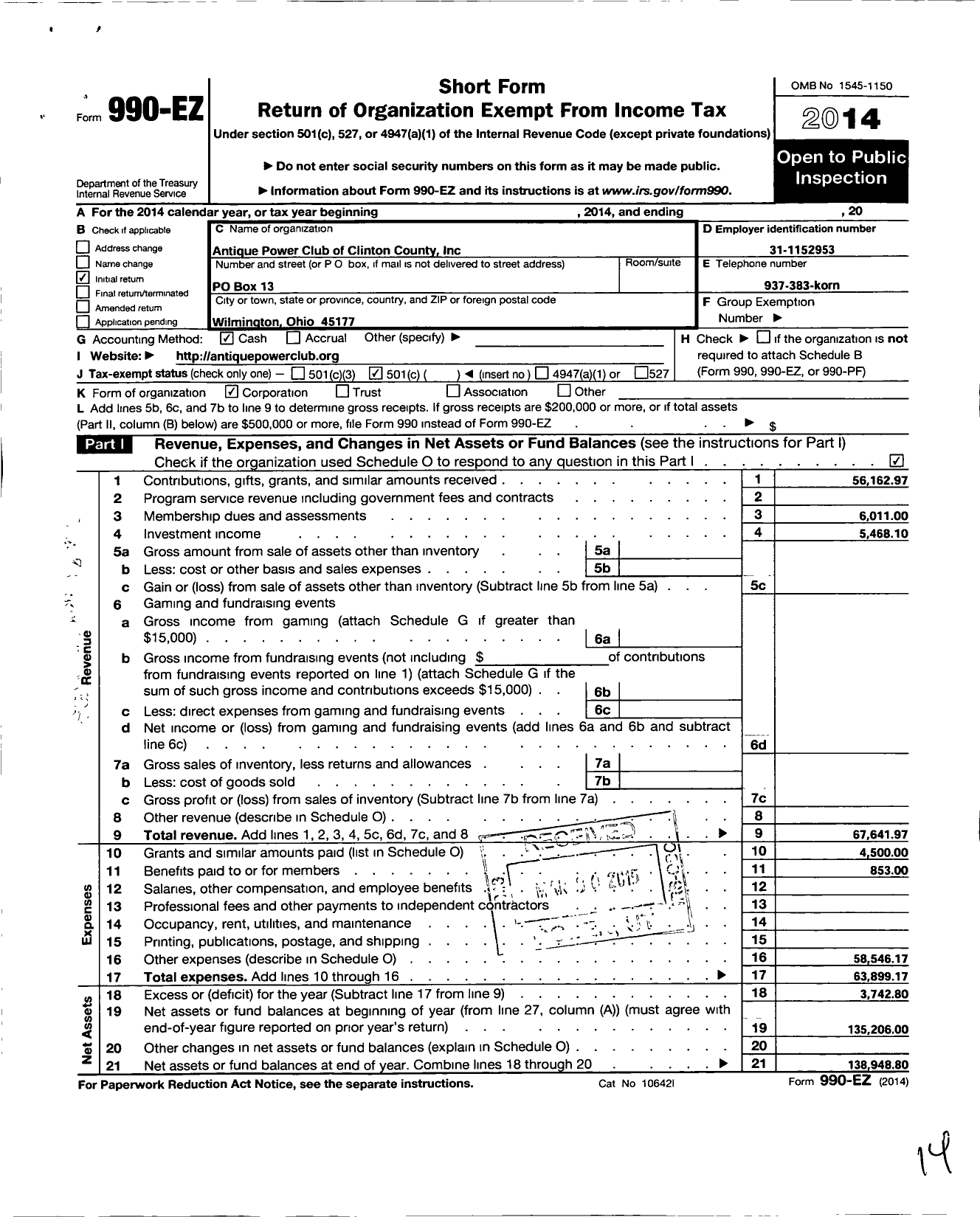 Image of first page of 2014 Form 990EO for Antique Power Club of Clinton County