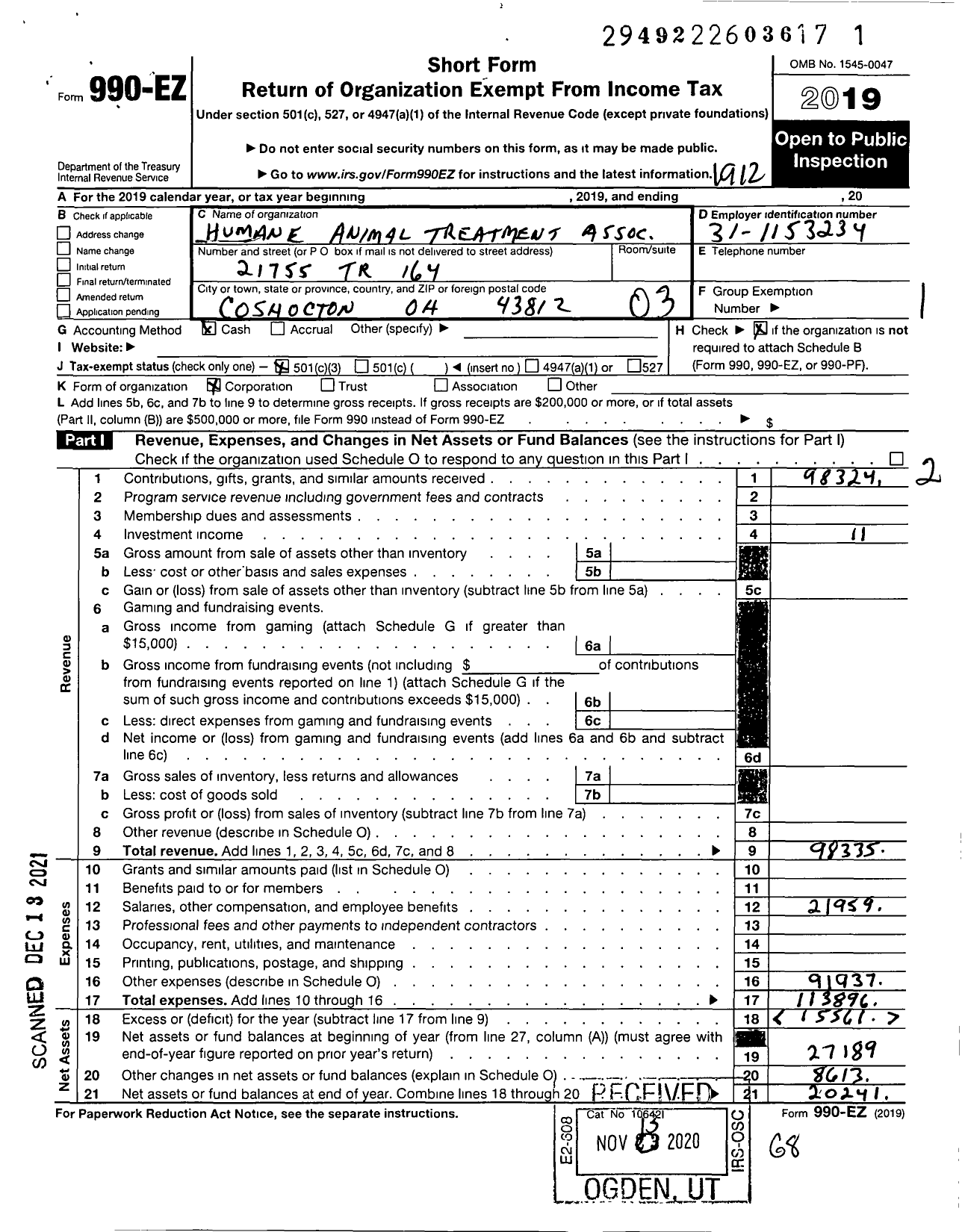 Image of first page of 2019 Form 990EZ for Humane Animal Treatment Association