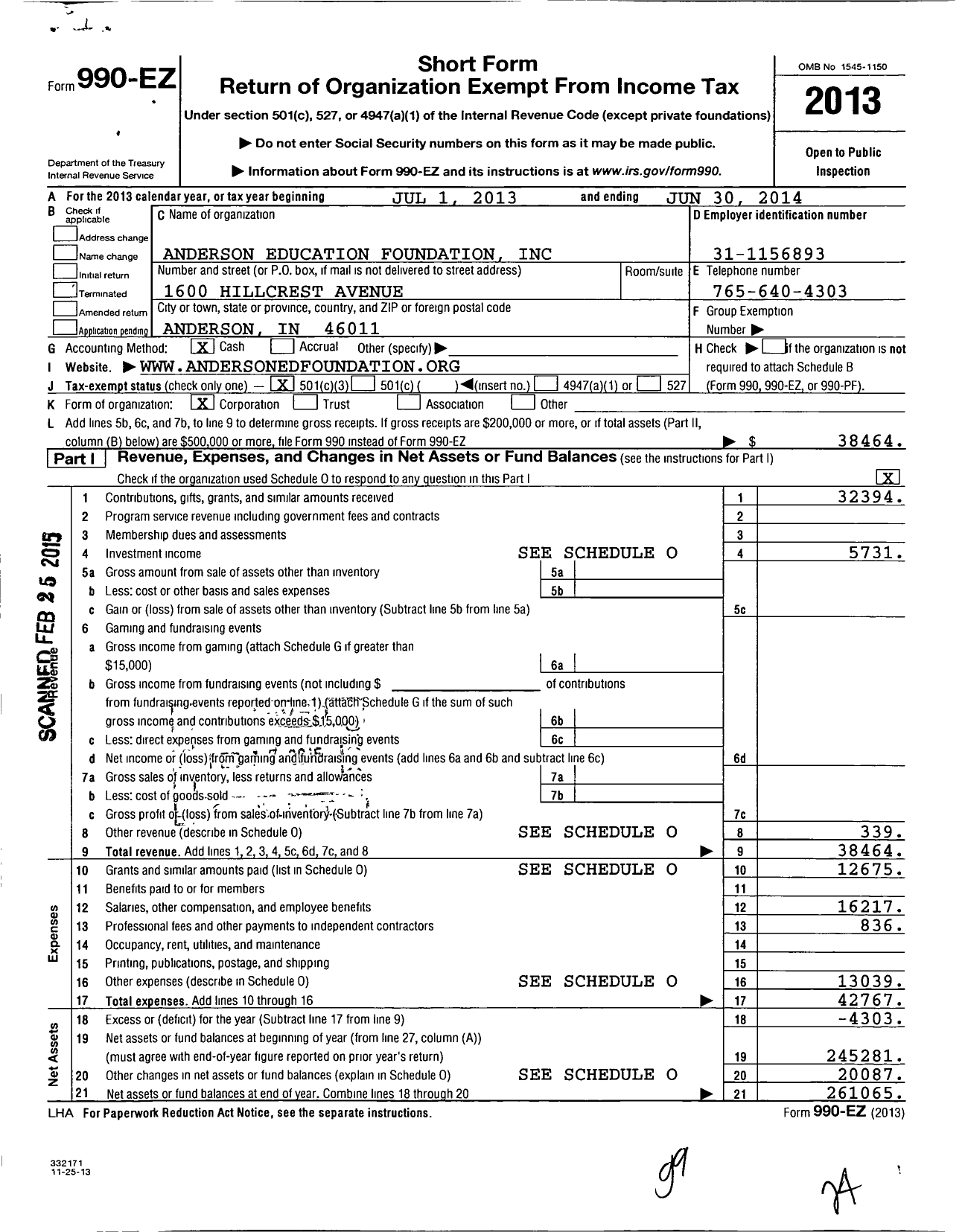 Image of first page of 2013 Form 990EZ for Anderson Education Foundation