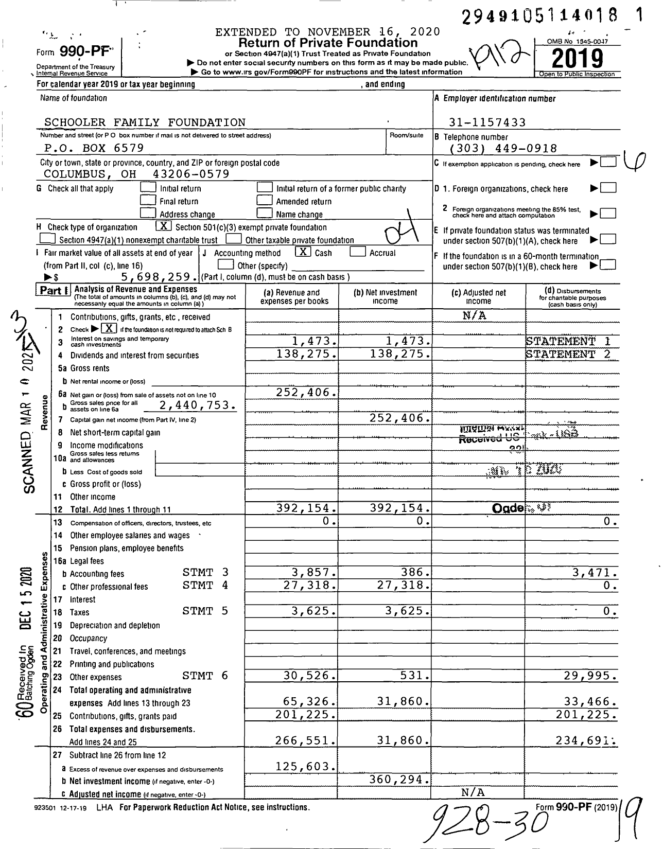 Image of first page of 2019 Form 990PF for Schooler Family Foundation