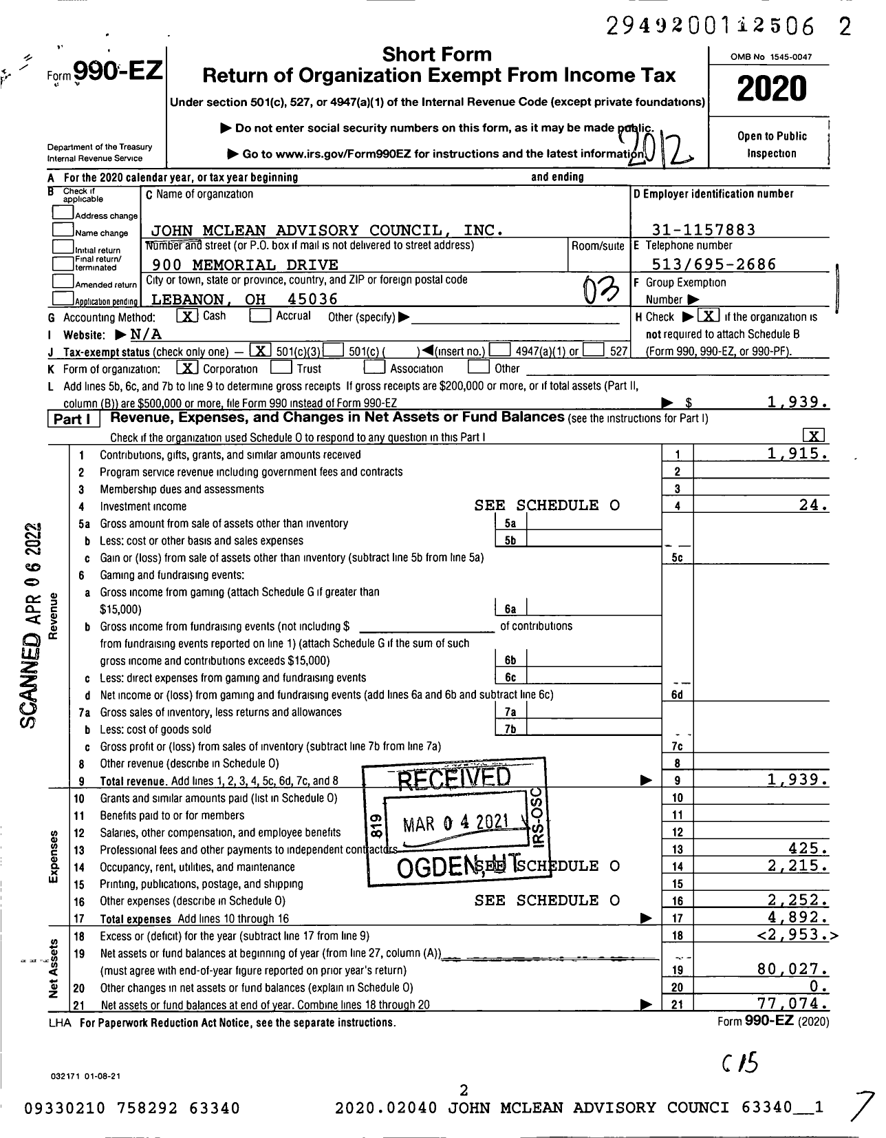 Image of first page of 2020 Form 990EZ for John Mclean Advisory Council