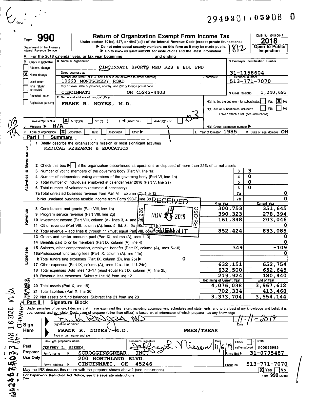 Image of first page of 2018 Form 990 for Cincinnati Sports Med Res and Edu FND