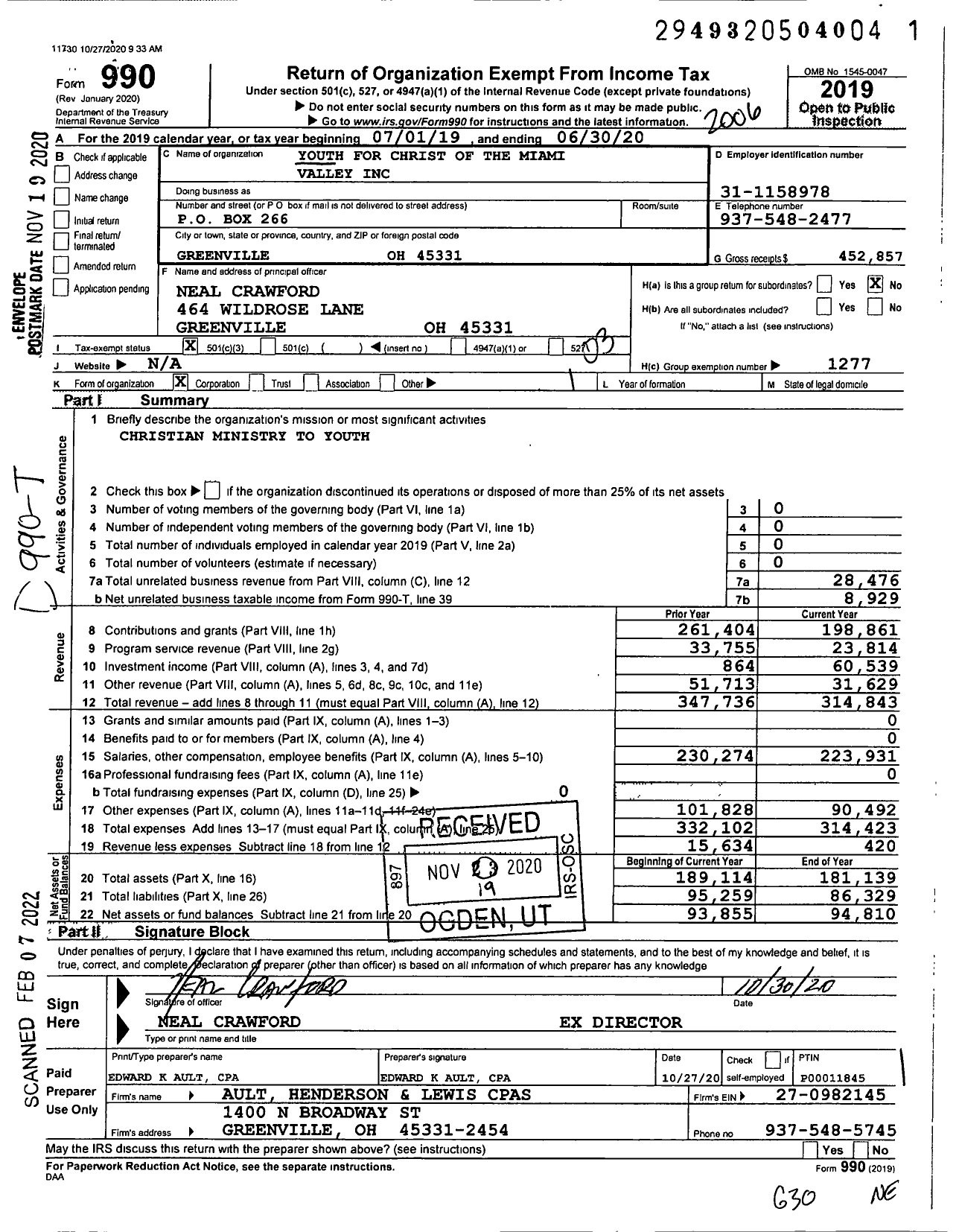 Image of first page of 2019 Form 990 for Youth for Christ - Youth for Christ of the Miami Valley