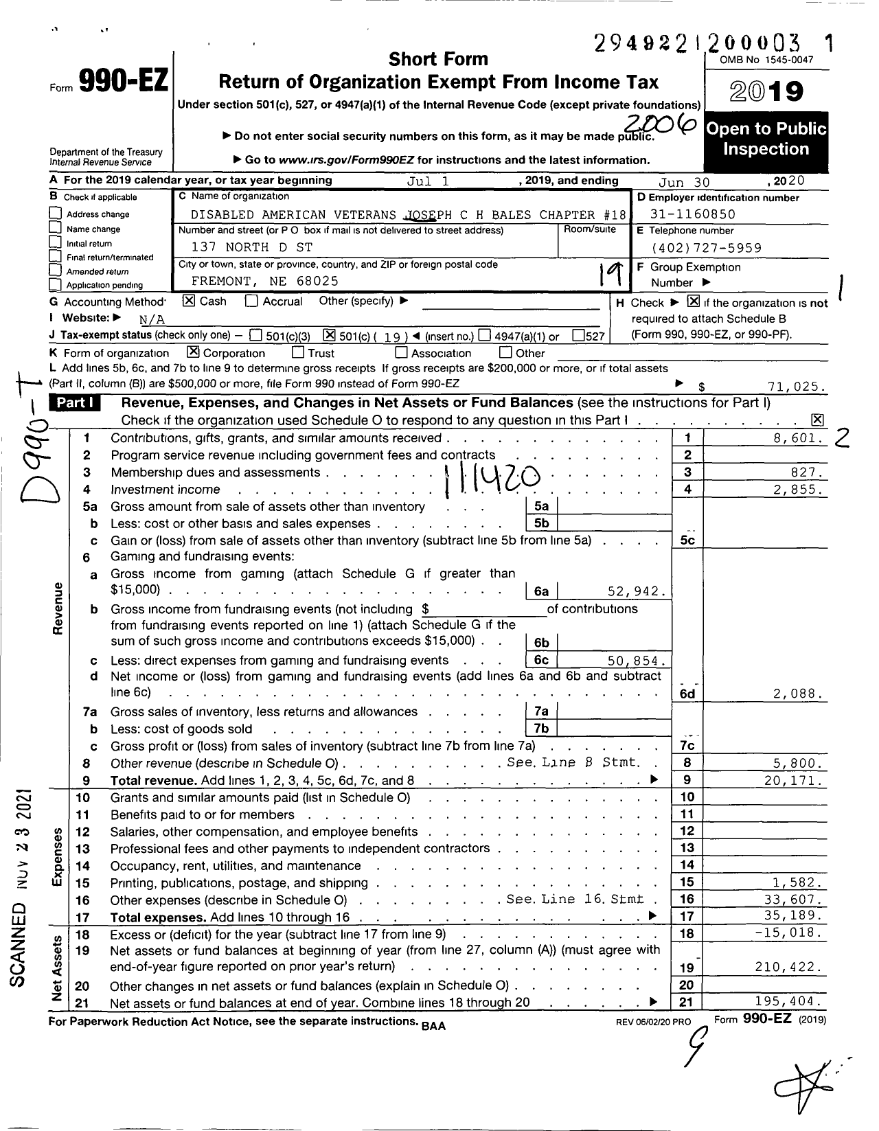 Image of first page of 2019 Form 990EO for Disabled American Veterans - 18 Joseph C H Bales