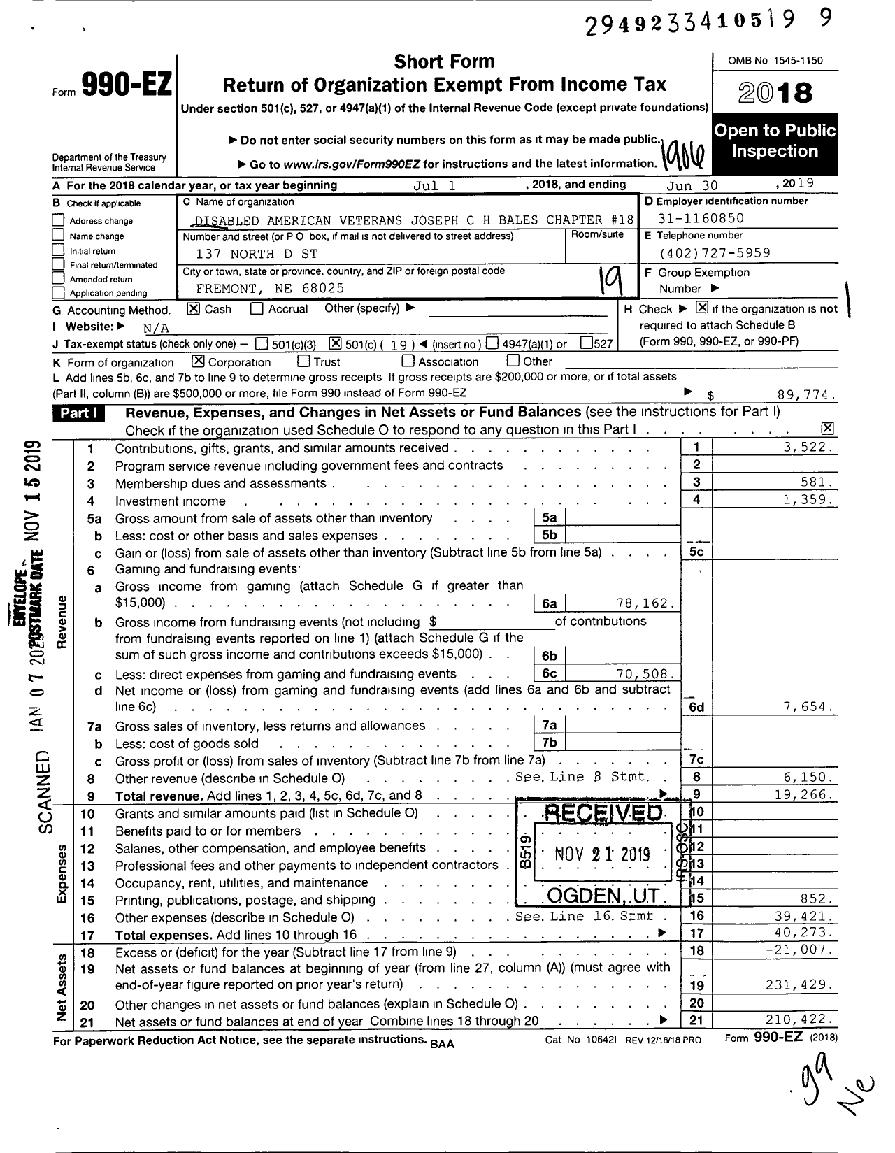 Image of first page of 2018 Form 990EO for Disabled American Veterans - 18 Joseph C H Bales