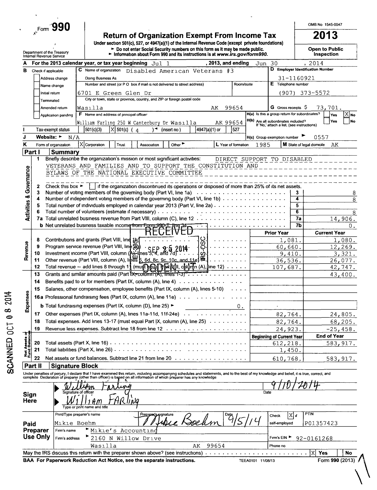Image of first page of 2013 Form 990O for Disabled American Veterans Number 3