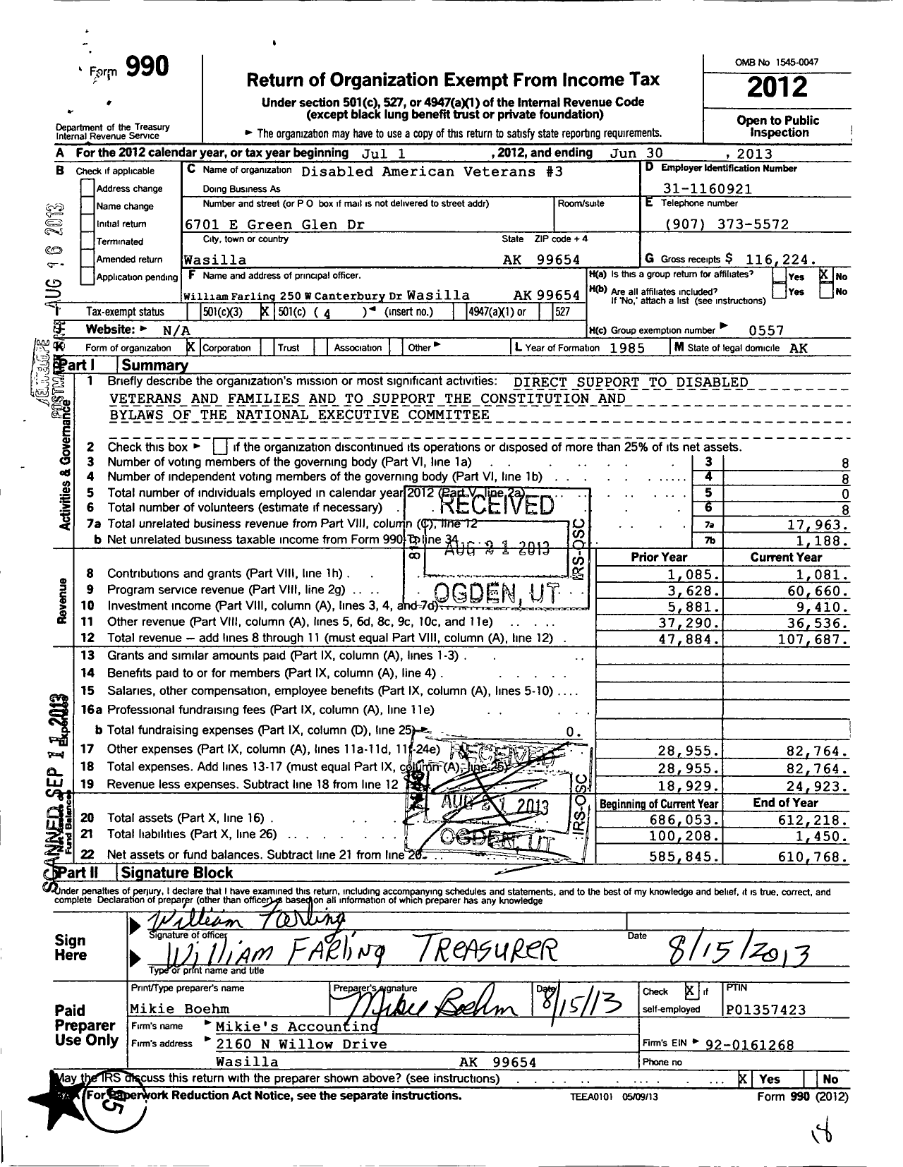Image of first page of 2012 Form 990O for Disabled American Veterans Number 3