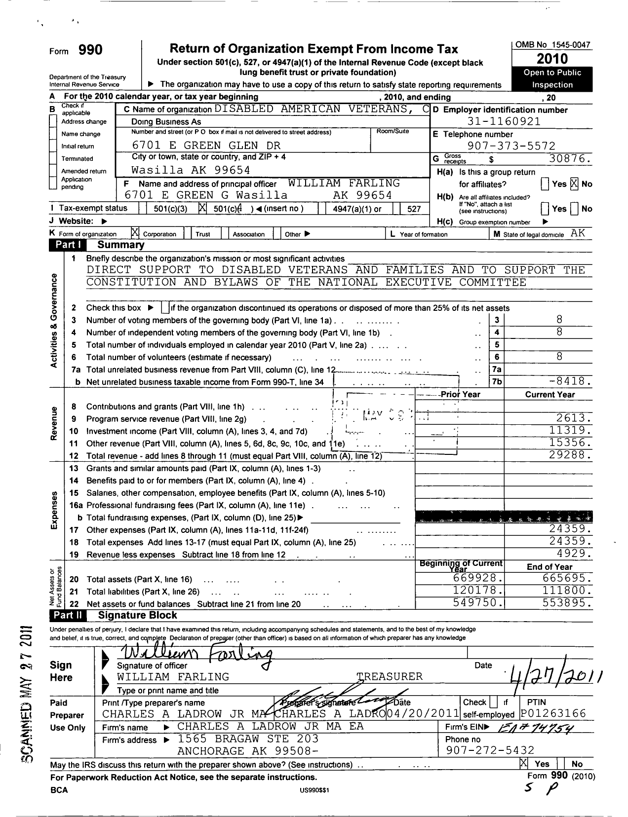 Image of first page of 2010 Form 990O for Disabled American Veterans Number 3
