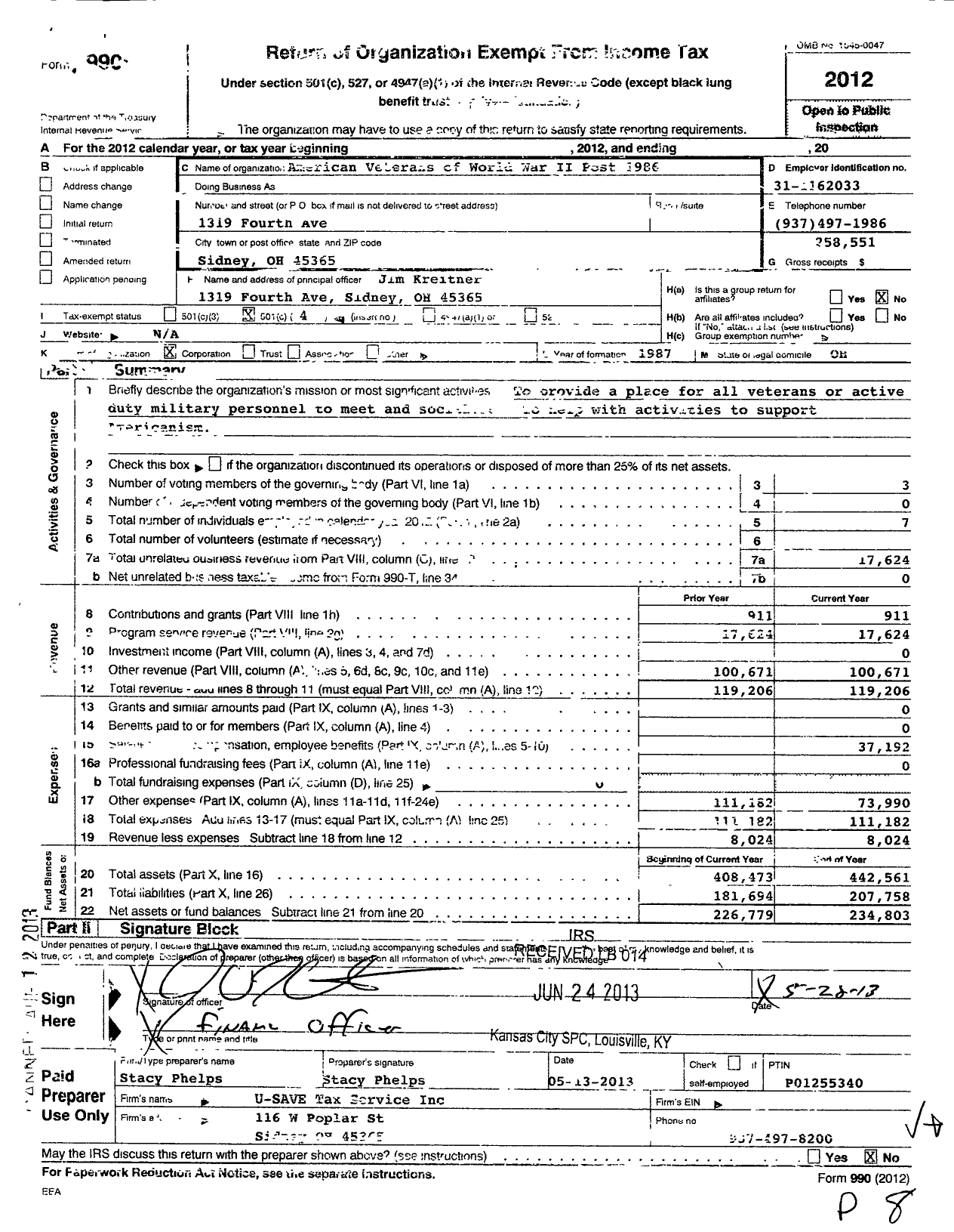 Image of first page of 2012 Form 990O for Amvets - 1986 Oh