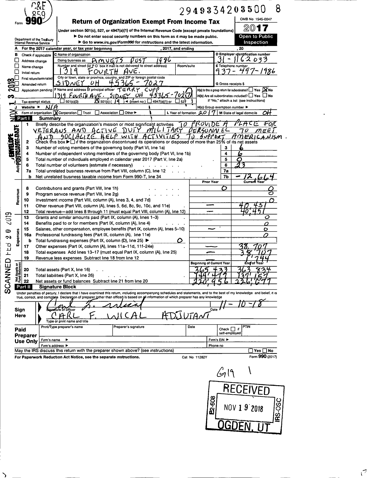 Image of first page of 2017 Form 990O for Amvets - 1986 Oh